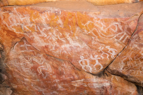 Some of the ancient rock art at the Mount Grenfell Historic Site near Cobar in north-western NSW.