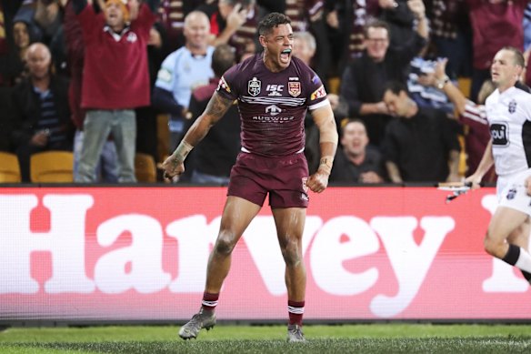 Dane Gagai of the Maroons scores a try.