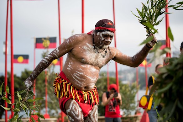 Indigenous dancers at the Australia Day ceremony, Barangaroo Reserve, Sydney.