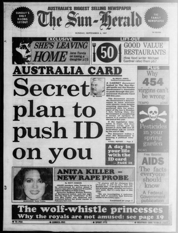 The front page of the Sun-Herald, September 6, 1987.
