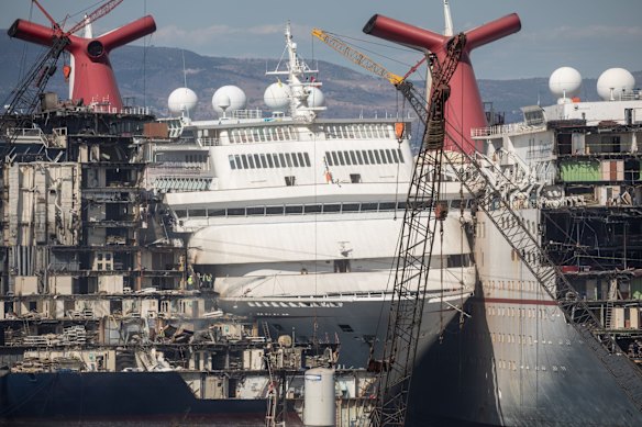 Five cruise ships are seen being broken down for scrap metal at the Aliaga ship recycling port in Izmir, Turkey. With the global coronavirus pandemic pushing the multi-billion dollar cruise industry into crisis, some cruise operators have been forced to cut losses and retire ships earlier than planned. The crisis however has bolstered the years intake of ships at the Aliaga ship recycling port with business up thirty percent on the previous year.  