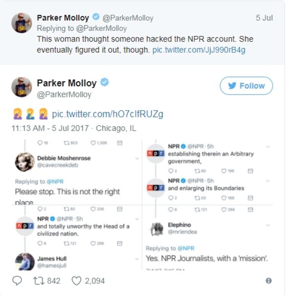 Writer Parker Molloy took images of several more indignant replies to NPR.