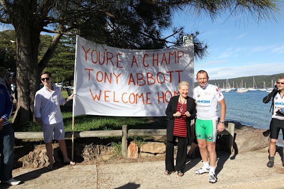 Pollie Pedal Ride with the Opposition Leader of the Liberal Party Tony Abbott, ariving at Palm Beach jetty on a ferry from Ettalong with the Fedral member for Mackellar Bronwyn Bishop and locals. Sunday April 10, 2011.