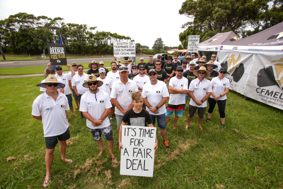 Workers and their supporters outside Port Kembla Coal Terminal.