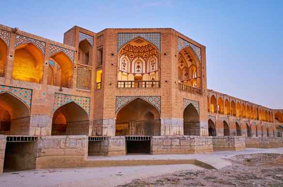 The Khaju Bridge, Isfahan, Iran: It takes on a somewhat palace-like look with a central pavilion and two long wings either side. It's the 23 stone arches that are key to making it.