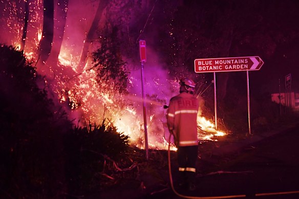 Firefighters work on a roadside fire after conditions settled down overnight at Mount Tomah.