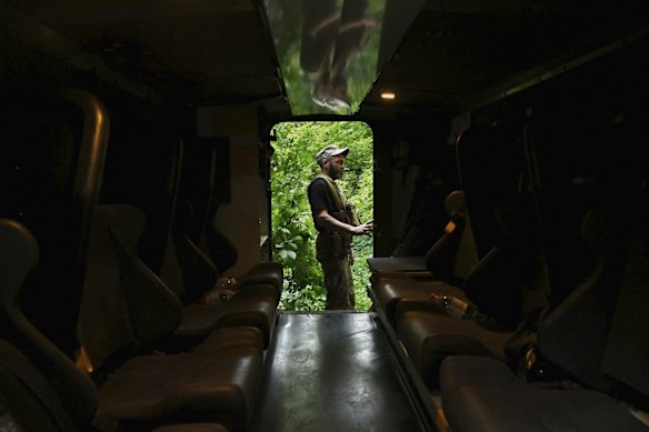 The armoured vehicles, painted olive green, are geared like a truck, but they move nimbly through all terrains, off-road and on-road, transporting troops to and from the frontline.