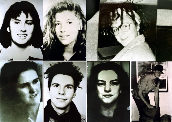 Milat's victims, pictured clockwise from top-left: Deborah Everest of Australia, Anja Habschied of Germany, Simone Schmidl of Germany, James Gibson of Australia, Caroline Clarke of the UK, Gabor Neugebauer of Germany and Joanne Walters of the UK.