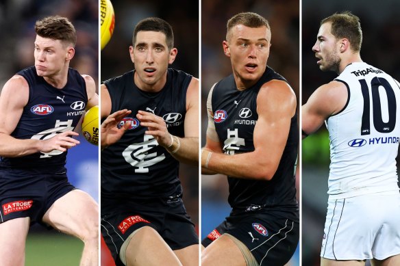 Sam Walsh, Patrick Cripps and Harry McKay are elite talent, but a case can be made that Jacob Weitering (second from left) is the man the Blues can least afford to lose for a lengthy period in 2023.