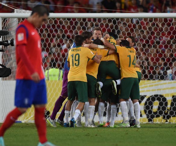 Australian Socceroos celebrate their victory.