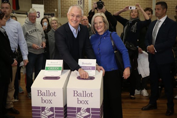 Prime Minister Malcolm Turnbull and his wife Lucy cast their vote at Double Bay Public School in Sydney.