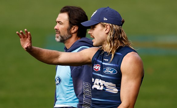 That’s where September is: Geelong coach Chris Scott with his star onballer Bailey Smith.