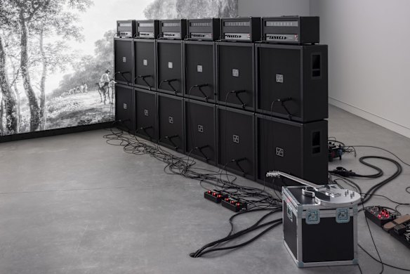 Two material elements make up the installation, the freestanding floor-to-ceiling LED wall and the wall of amplification, both of which have been selected by the artist for their sculptural form and presence.