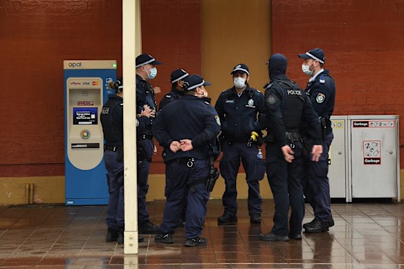 NSW Transport Unit at Fairfield Station during Sydney's COVID-19 lockdown. Police increase their presence after COVID-19 case numbers grow in Sydney's South West.