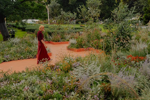 Jac Semmler in the MIFGS garden designed by Super Bloom in partnership with Heliotrope Studio, Evergreen Infrastructure and Mood Construction.