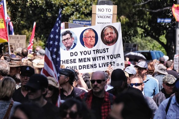 People protesting against the Pandemic Bill in Melbourne on Saturday 27 November 2021. 