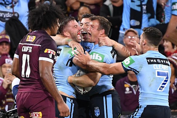 Josh Morris of the Blues reacts after scoring a try.
