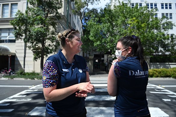 St Vincent's Hospital Incident Disaster Manager Rachel Macfarlane, left, and St Vincent's Hospital Wards Person Supervisor Eliza Attwood after receiving the Pfizer COVID-19 vaccine at RPA's vaccination hub today as one of the frontline health workers. 