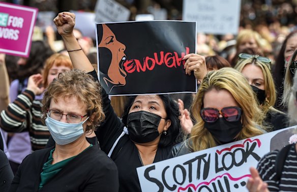 Women rally against the governments reaction to alleged sexual assault against women by politicians and political staffers and the toxic masculinity that is said is exist at Parliament house.
