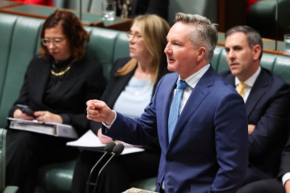 Energy Minister Chris Bowen, hand in pocket, responds to independent MP Dai Le. 