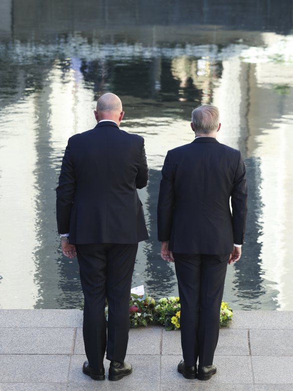 Anthony Albanese and Peter Dutton lay wreaths at the war memorial this week.