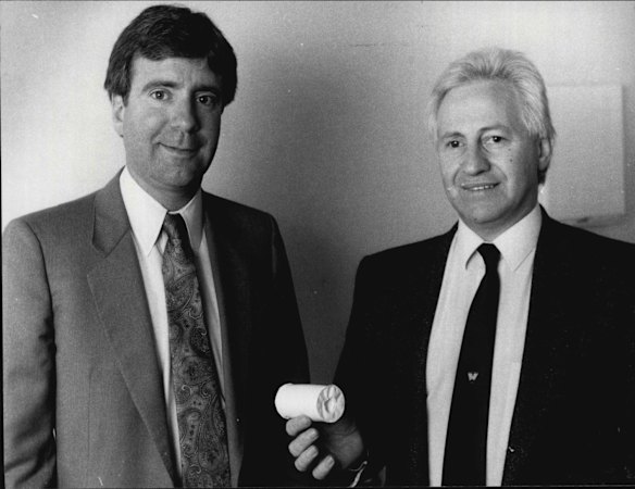 Always spruiking something. Original credit: New method of weight reduction called the Gastric Bubble which is inserted into the stomach then inflated to take the place of food. Dr. Geoffrey Edelsten and American Dr. Warren Reidel who will teach doctors from the Edelsten Clinic how to insert the device. Pic taken in the Hurstville Medical Center. May 08, 1986.