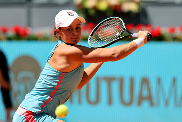 Ash Barty plays a backhand during her third round match against Paula Badosa of Spain.