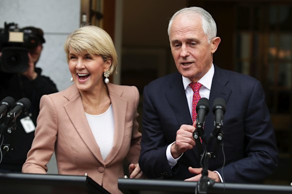 Joint press conference with Prime Minister Malcolm Turnbull and Foreign Affairs Minister Julie Bishop after the Liberal leadership spill, at Parliament House in Canberra.