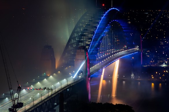 At midnight, a colourful display with bursts of neon, pastel and spinning fireworks blast into the sky to a soundtrack created by electronic music duo The Presets.