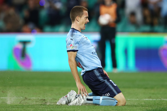 Peaking at the right time: Brandon O'Neill celebrates his goal against Melbourne Victory.