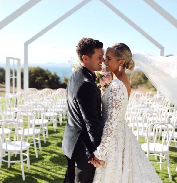 Former Miss Universe Australia Olivia Molly Rogers  at her February wedding to then-partner Justin McKeone at Terindah Estate on Victoria’s Bellarine Peninsula, before she edited him out of their wedding video.
