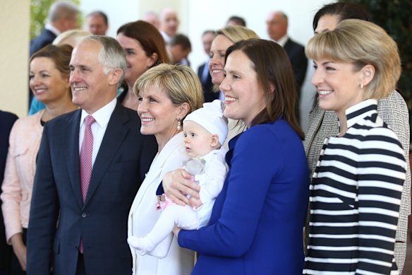 Kelly O'Dwyer's daughter Olivia joined the women in the ministry photo with Prime Minister Malcolm Turnbull and Julie Bishop after the swearing in ceremony by Governor-General Sir Peter Cosgrove at Government House in Canberra on Monday 21 September 2015. Photo: Andrew Meares