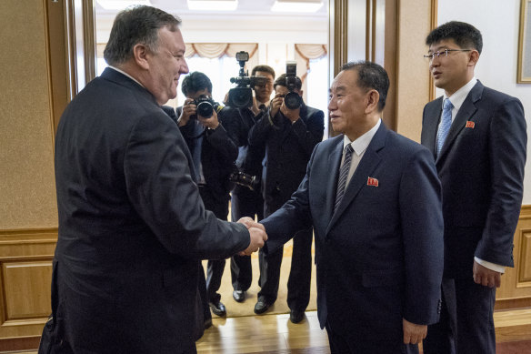 US Secretary of State Mike Pompeo meets with Kim Yong Chol.