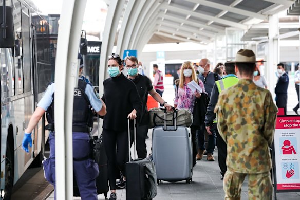People head for compulsory quarantine after arriving home from overseas. 