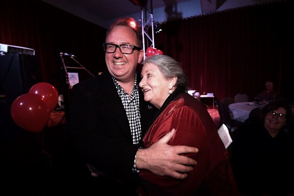 A Labor party held at the Thornbury Theatre. David Feeney is the Labor member for the House of Representatives seat of Batman, pictured here with his mother Maggie.