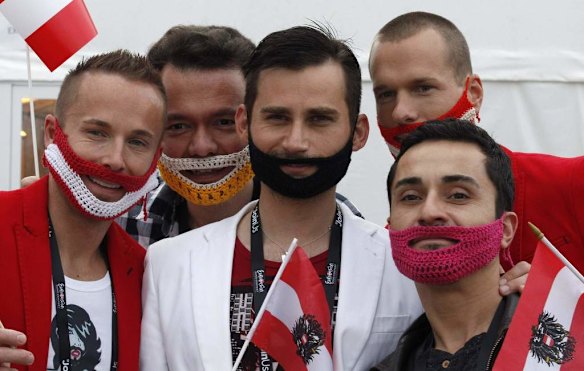 Supporters of Conchita Wurst representing Austria pose before grand final of the 59th annual Eurovision Song Contest.