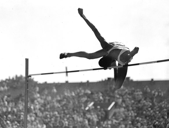 Australian high jumper  Charles 'Chilla' Porter on his way to the silver medal at the 1956 Melbourne Olympics Games.