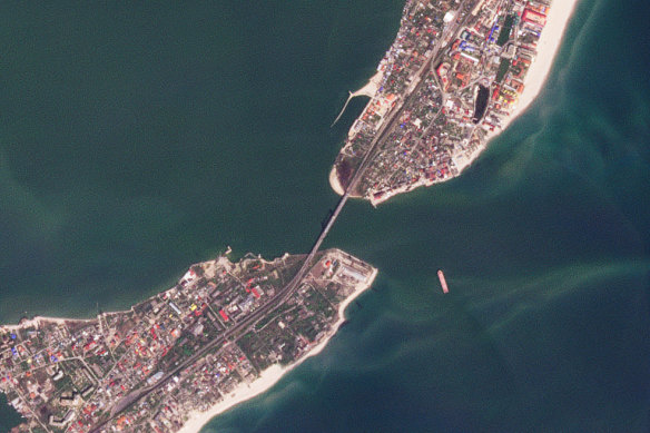 This satellite image shows a bridge repeatedly targeted by Russian missile strikes outside of Odesa.