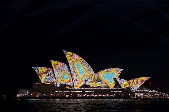 The Sydney Opera House sails are lit up for the opening night of Vivid 2022. 