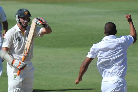 Mike Hussey calls for a review after he was adjudged lbw to Vernon Philander.