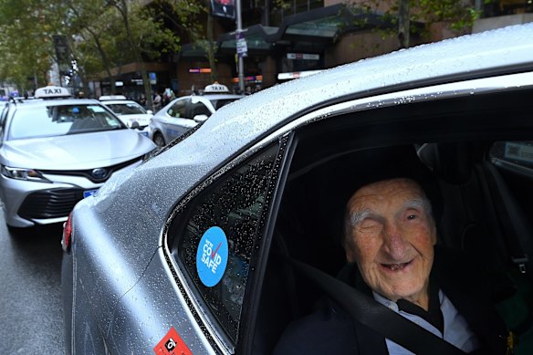 World War Two veteran Jack Clarke 96yrs sits in a taxi as he waits to participate in the ANZAC Day March in Sydney. Jack fought in PNG during WW2. 
