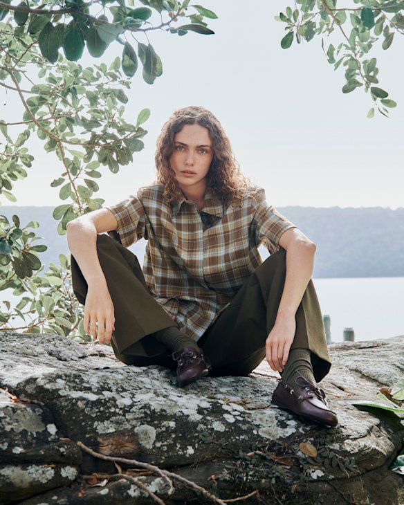 Camilla and Marc “Arian” shirt, $320. Witchery x Lara Worthington trousers, $229. Uniqlo socks, $10
(worn throughout). Senso “Bateau” shoes, $259.