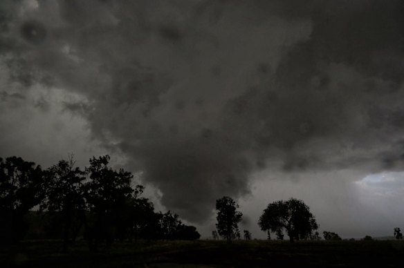 A rotating 'Wall Cloud'. A feature which develops and lowers towards the ground. It is one of the final stages before tornado development. Near Rankin Springs on Saturday.