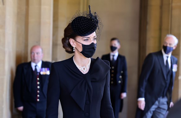 Kate, Duchess of Cambridge, arrives at Windsor Castle for the funeral of Prince Philip. 