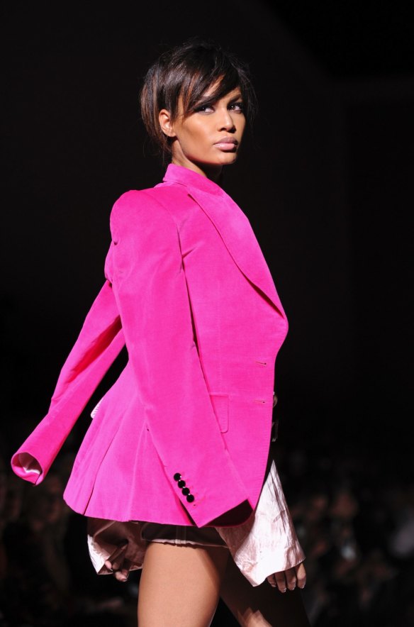 Think pink ... Joan Smalls modelling for Tom Ford at New York Fashion Week.