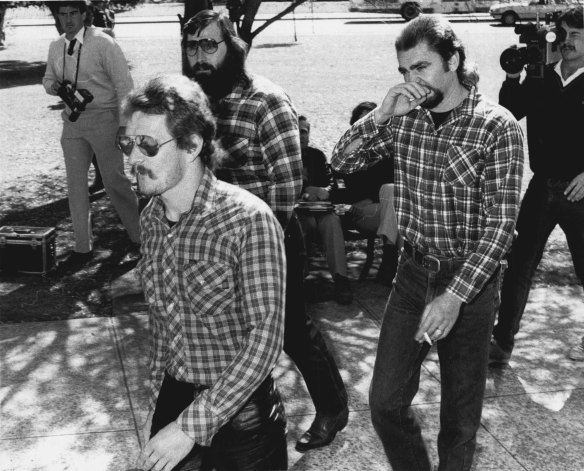 Members of the Banditos Bikie group appeared at Bankstown Court on charges of affray and serious affront and alarm. September 12, 1984. 
