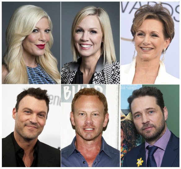 The Beverly Hills, 90210 cast  today, from top left, Tori Spelling, Jennie Garth, Gabrielle Carteris, and bottom from left, Brian Austin Green, Ian Ziering and Jason Priestley. 