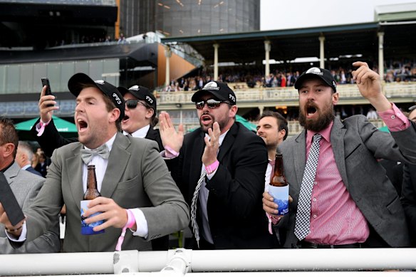 Racegoers react during The Everest at Royal Randwick Racecourse.