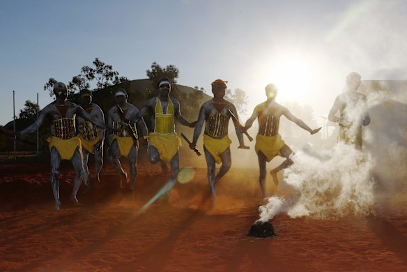 Gumatj clan ceremonial leaders performing the Gurtha ceremony at the opening ceremony of the First Nations National Convention held in Uluru, at the Mutitjulu community.