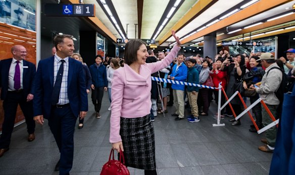 Premier Gladys Berejiklian and Transport Minister Andrew Constance arrive for a test ride on the driverless train from Tallawong station in Rouse Hill to Chatswood. 